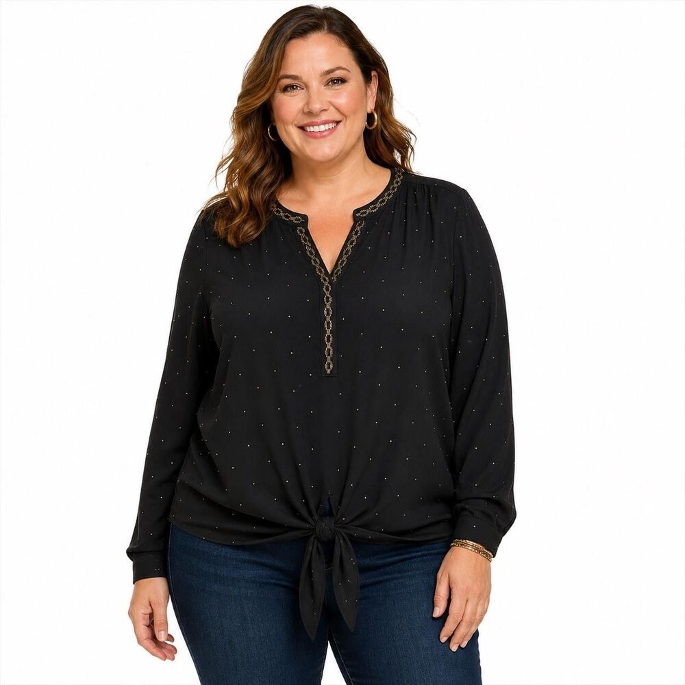 Chico's Blouse Womens Lg Black Polka Dot Embroidered Tie Front Long Sleeve Top